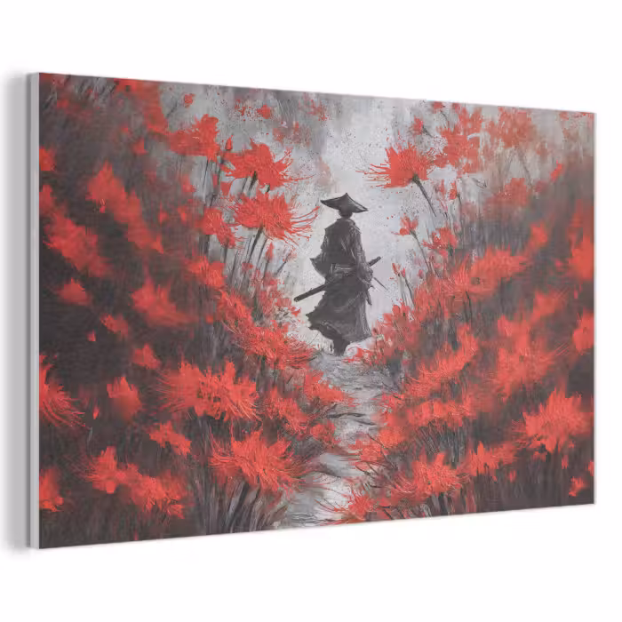 Akoestisch schilderij - Rode bloemen - mistig - Man