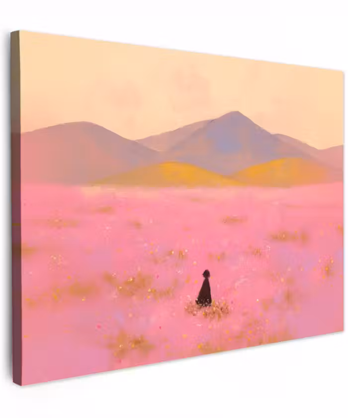 Canvas schilderij - Bloemenweide - Heuvels - Silhouet - Roze