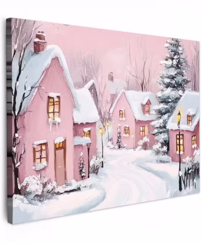 Canvas schilderij - Kerstdorp - Roze - Winter - Sneeuw - Huizen