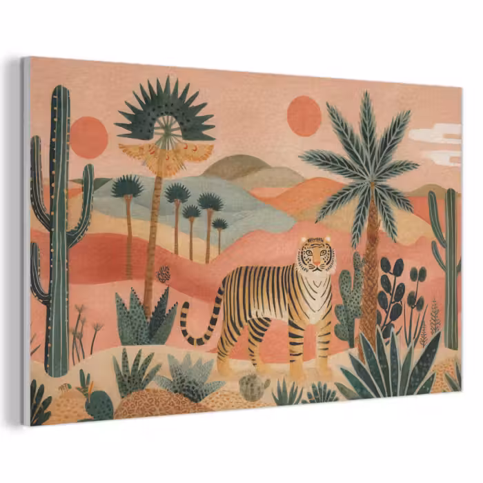 Akoestisch schilderij - Tijger - Kleurrijk - Palmen - Cactus