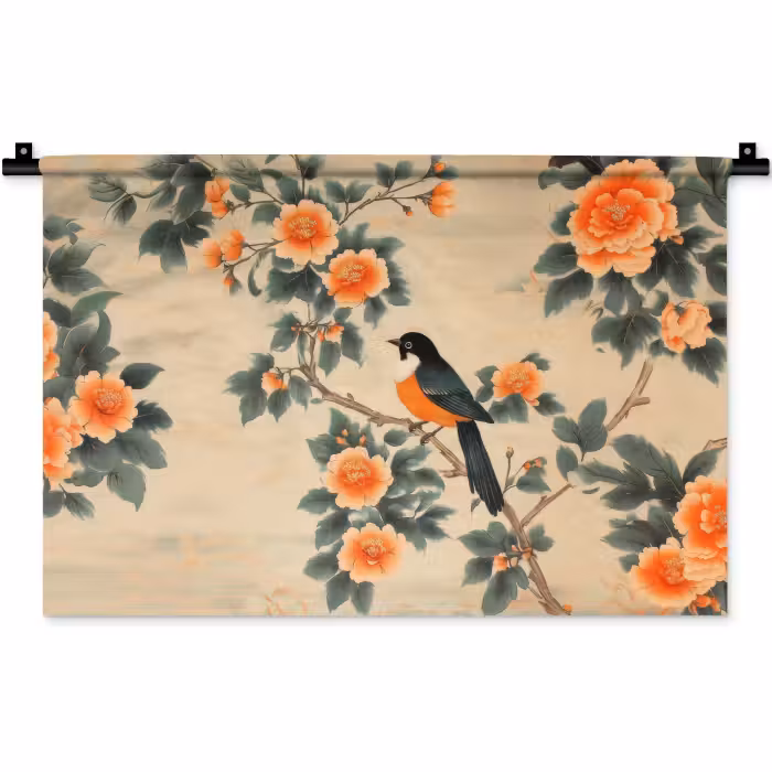 Wandkleed - Vogel - Tak - Bloemen - Oranje