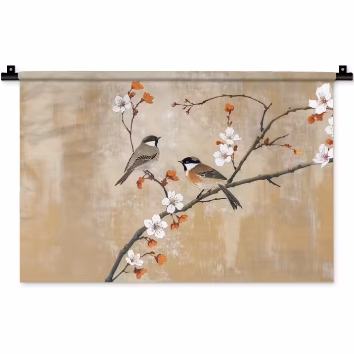 Wandkleed - Vogels - Bloesemtak - Bloemen - Oranje