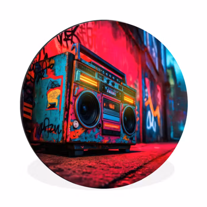 Wandcirkel Aluminium – Boombox - Rood - Graffiti - Neon