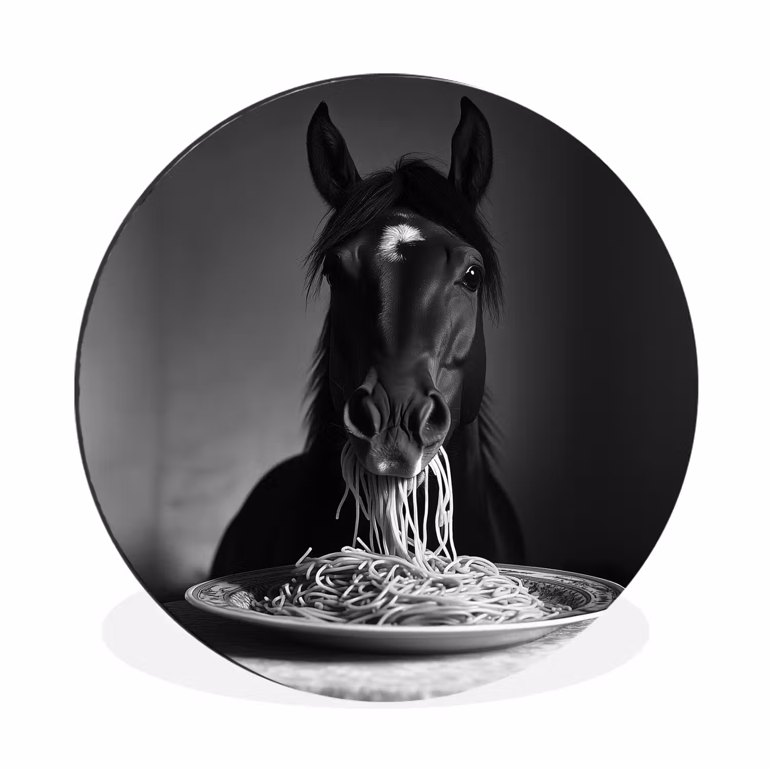 Wandcirkel Aluminium – Paard - Bord - Pasta - Tafelkleed - Zwart Wit - Dieren