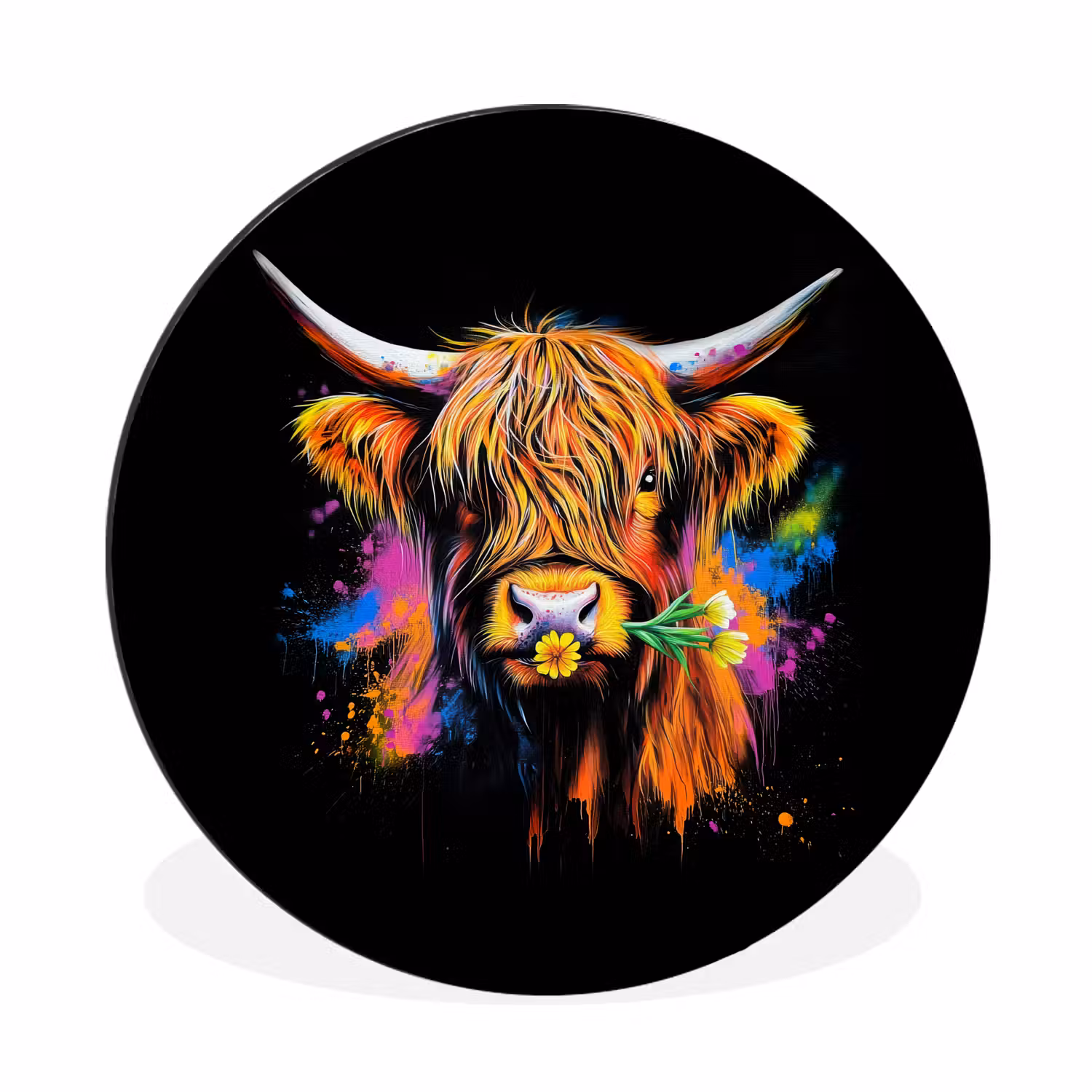 Wandcirkel - aluminium - Schotse Hooglander - Graffiti - Kleurrijk - Bloem - Dieren