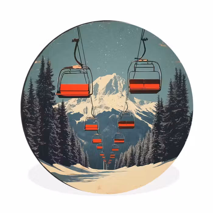 Wandcirkel - aluminium - Sneeuw - Skilift - Rood - Bomen