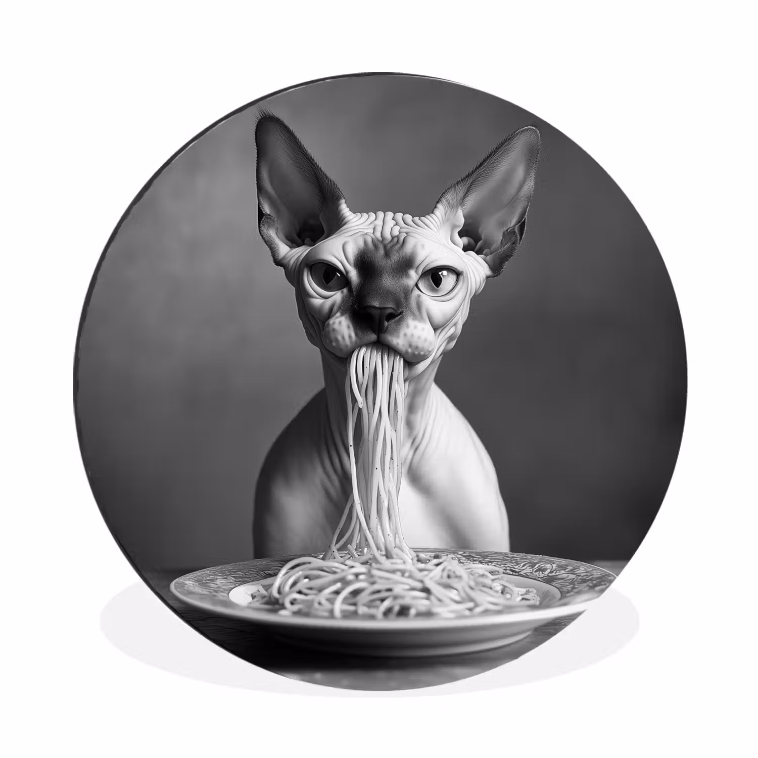 Wandcirkel Aluminium – Sphynx - Kat - Dieren - Humor - Spaghetti - Zwart Wit