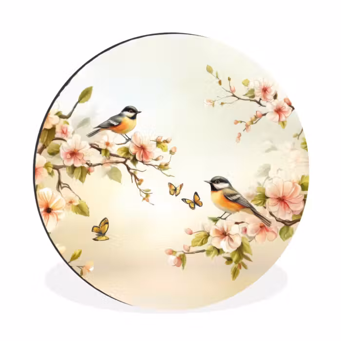 Wandcirkel - aluminium - Takken - Bloemen - Vogeltjes - Roze