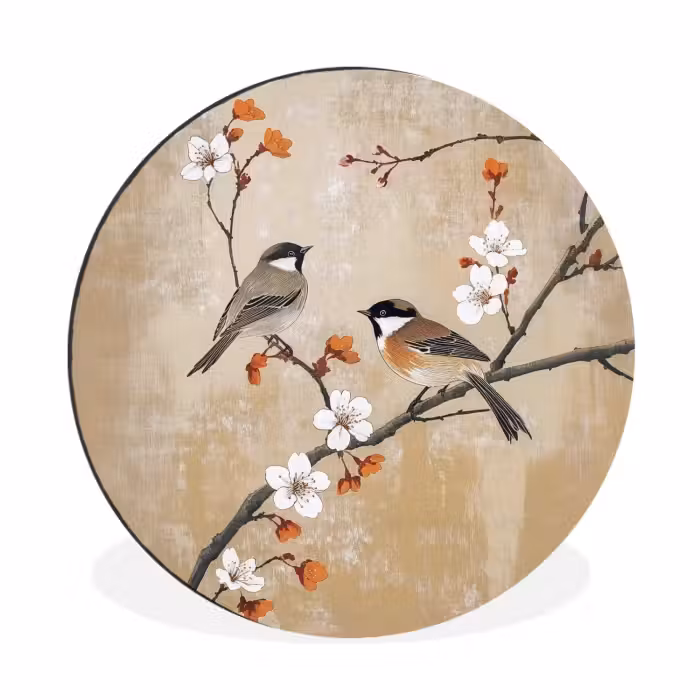 Wandcirkel - aluminium - Vogels - Bloesemtak - Bloemen - Oranje