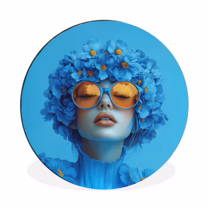 Wandcirkel - aluminium - Vrouw - Bloem - Blauw - Modern - Bril - Portret