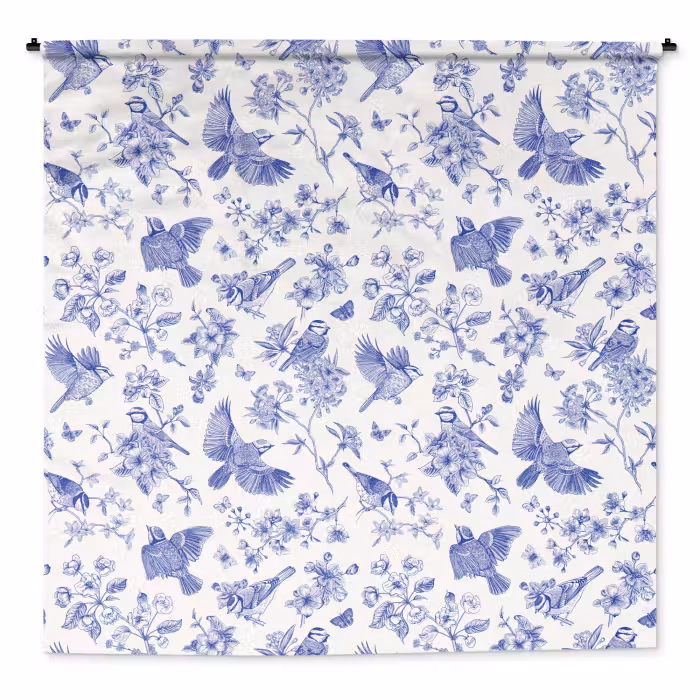 Wandkleed - Birds - Flowers - Blue