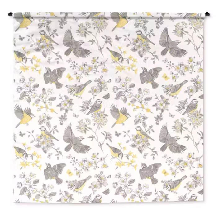 Wandkleed - Birds - Flowers - Gray - Yellow