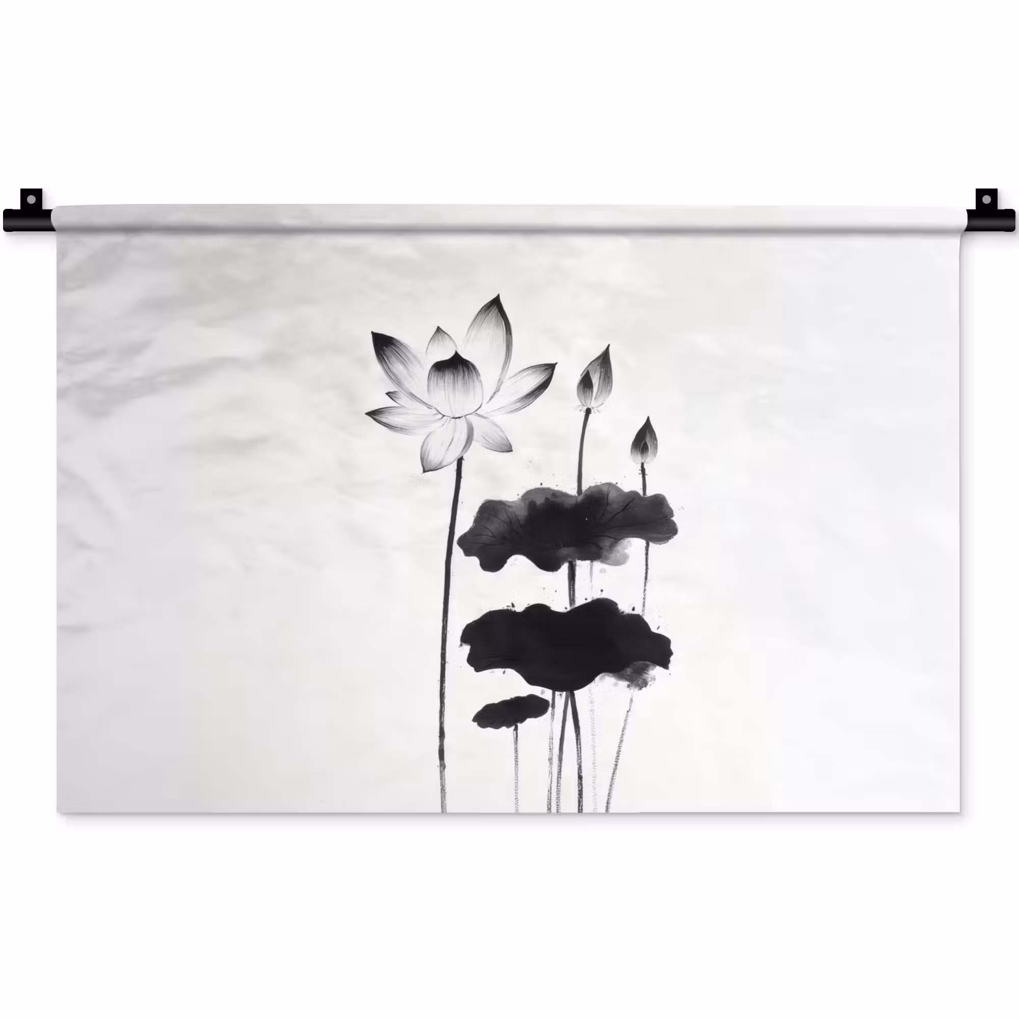 Wandkleed - Bladeren - Zwart - Lotusbloem - Minimalitisch