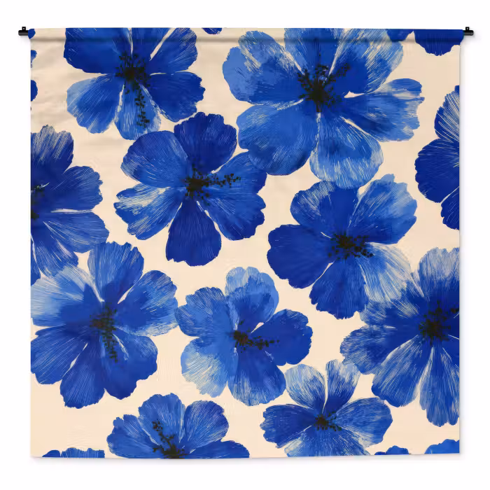 Wandkleed - Bloemen - Blauw -Patroon - Wit