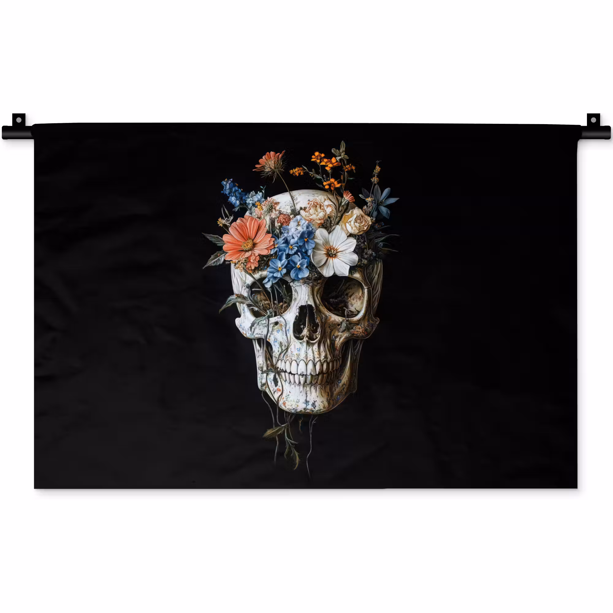 Wandkleed - Bloemen - Schedel - Kleurrijk