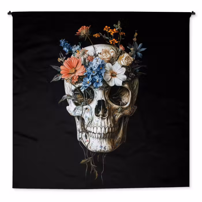 Wandkleed - Bloemen - Schedel - Kleurrijk