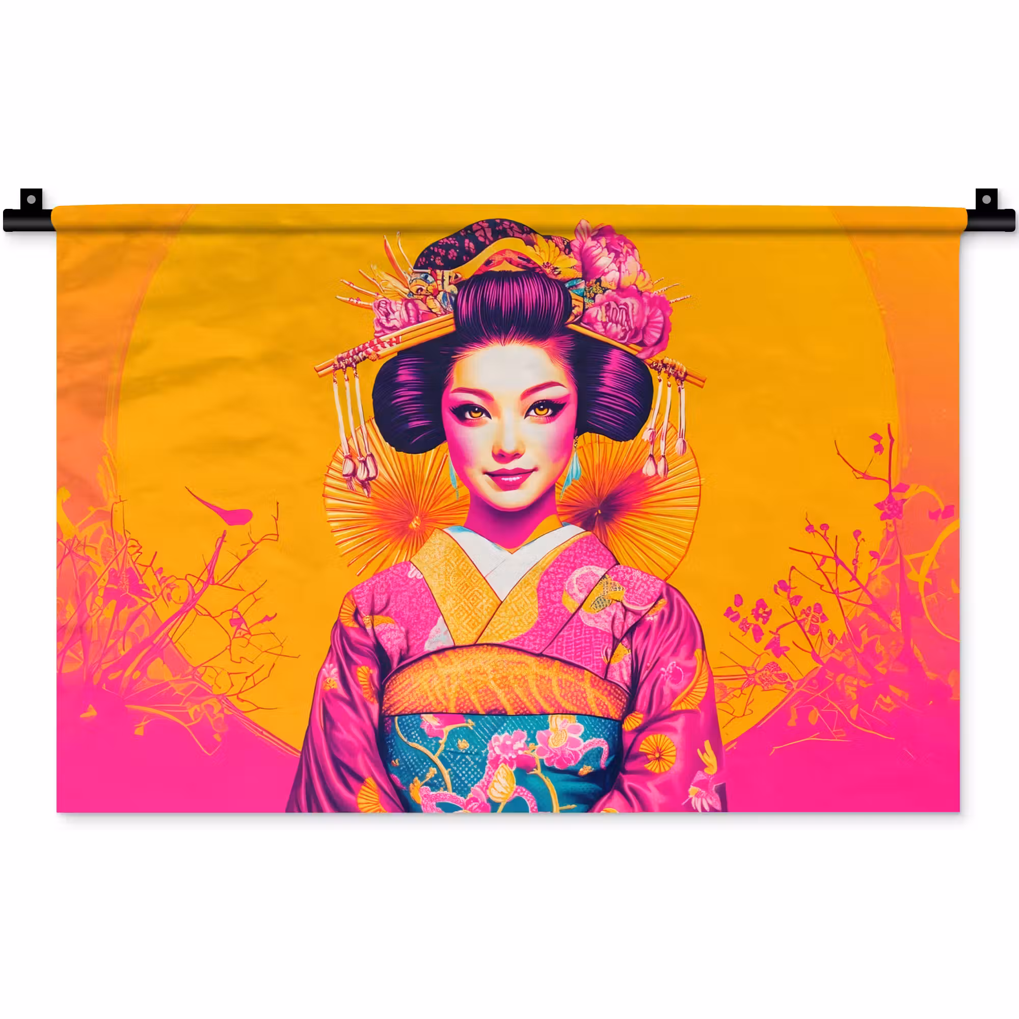 Wandkleed - Bloemen - Vrouw - Kimono - Roze