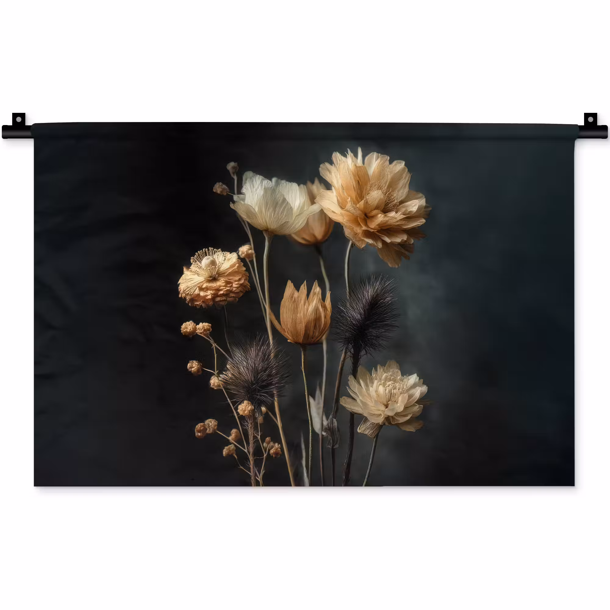 Wandkleed - Boeket - Bloemen - Licht - Zwart