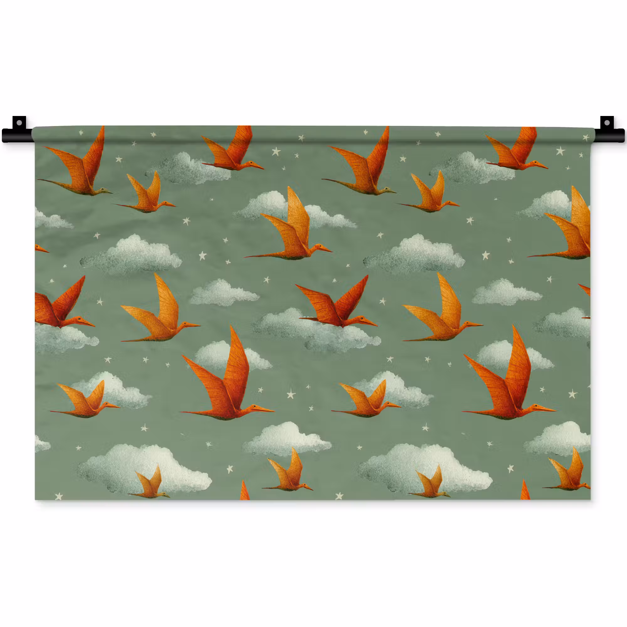 Wandkleed - Dinosaurussen - Wolken - Sterren - Oranje