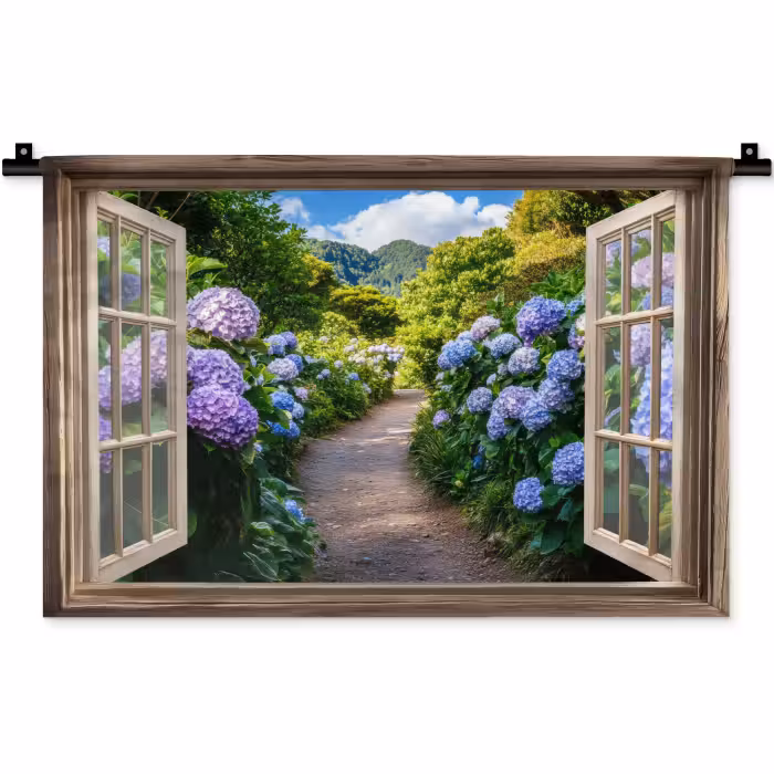 Wandkleed - Doorkijk - Hortensia - Pad - Natuur