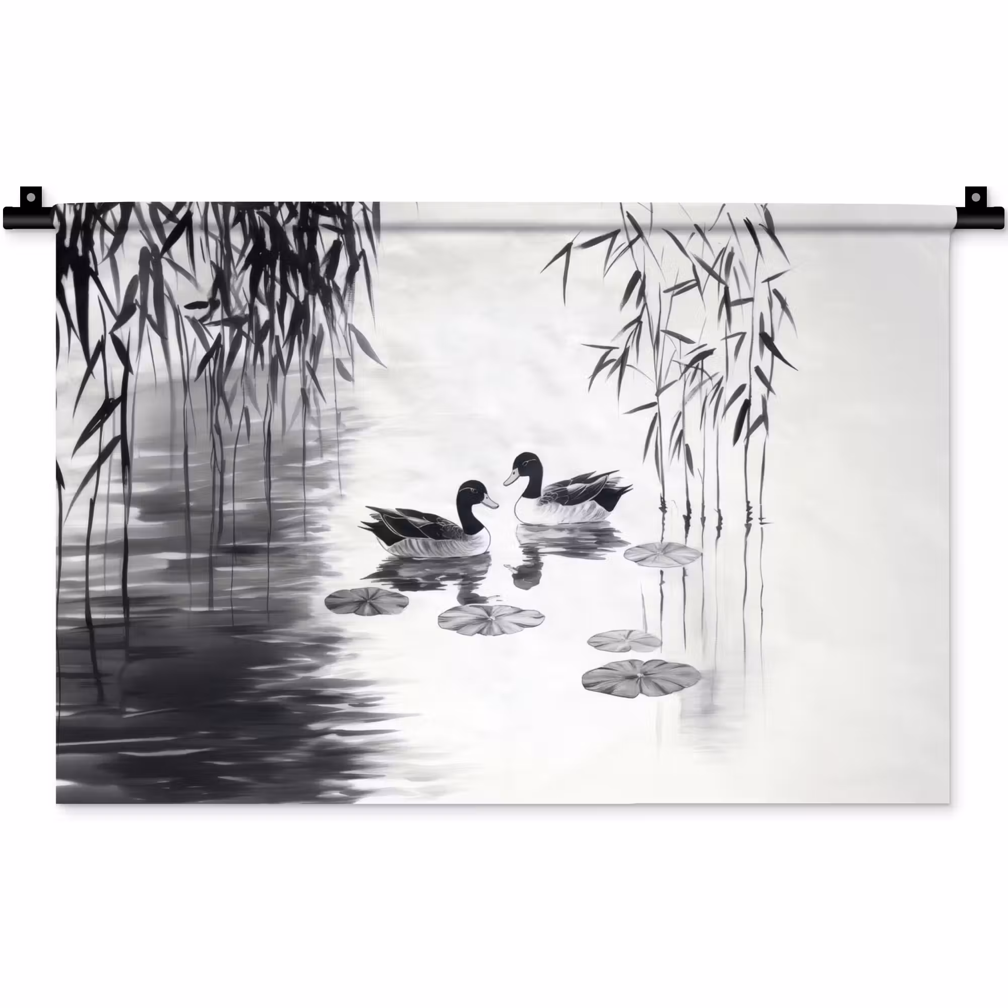 Wandkleed - Eenden - Waterlelies - Riet - Zwart