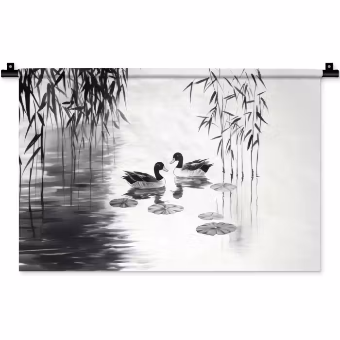 Wandkleed - Eenden - Waterlelies - Riet - Zwart