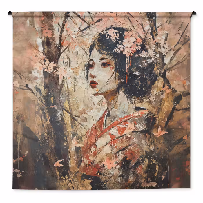 Wandkleed - Kimono - Vrouw - kersenbomen