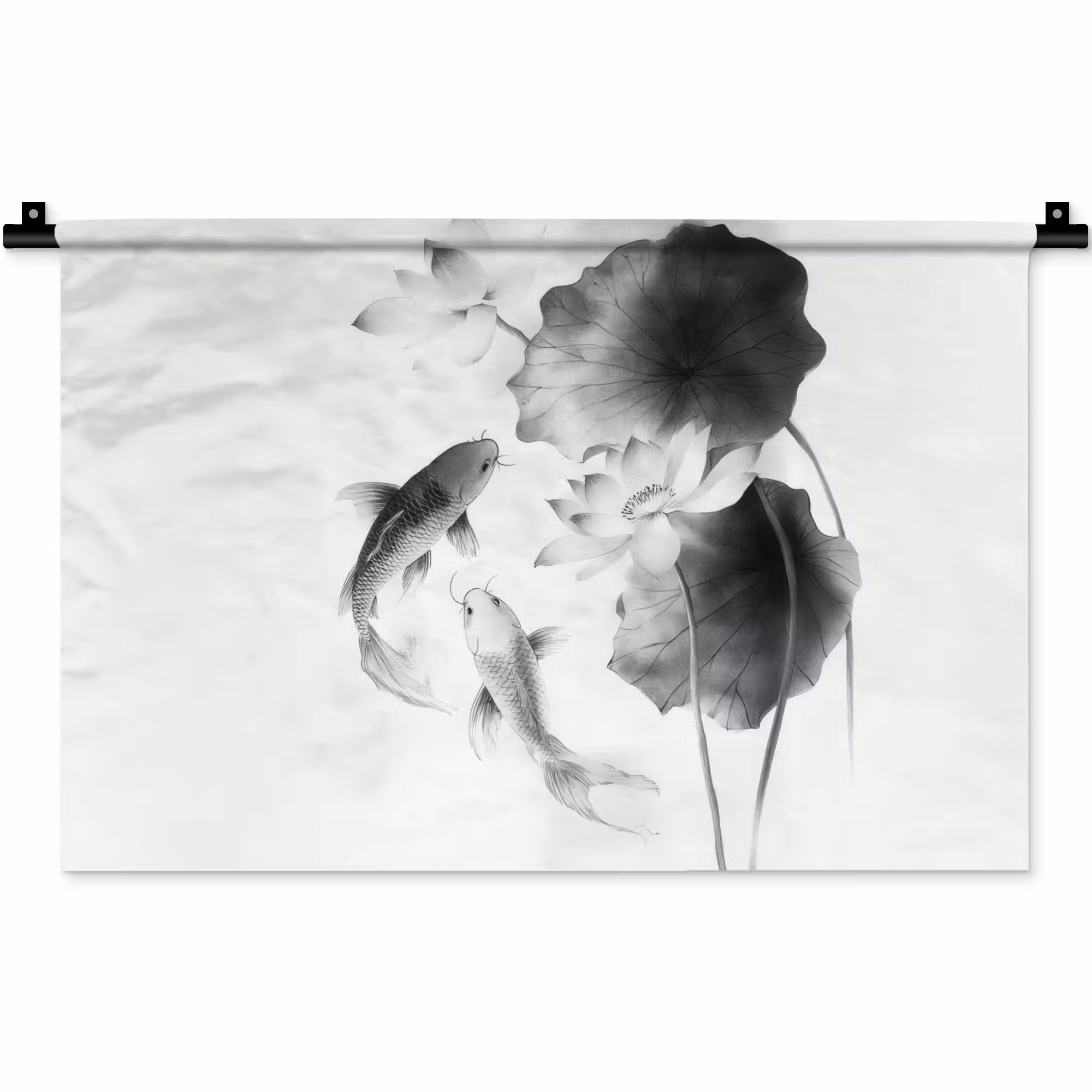 Wandkleed - Lotusbloemen - Vissen - Bladeren - Zwart