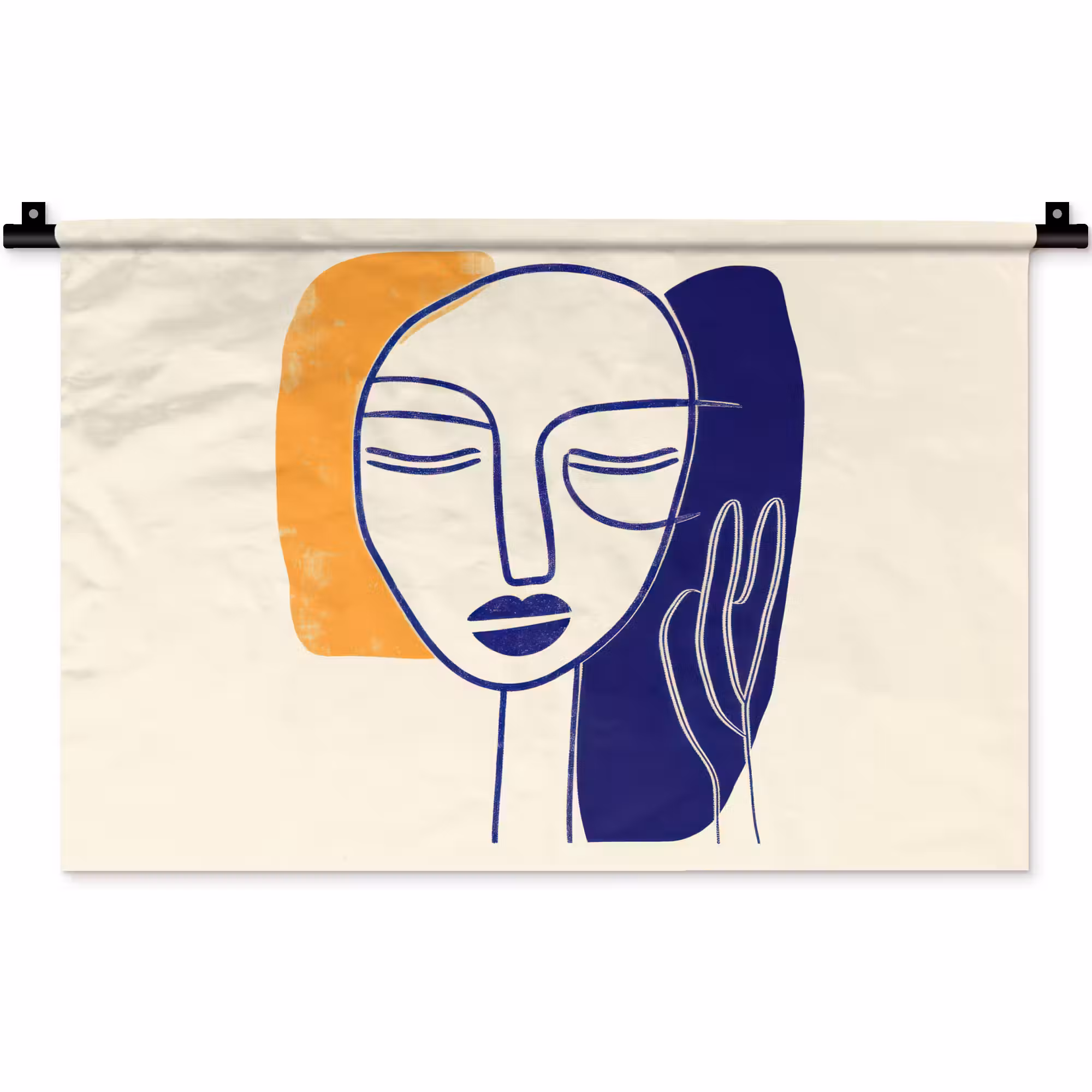 Wandkleed - Minimalistisch - Gezicht - Hand - Oranje - Blauw