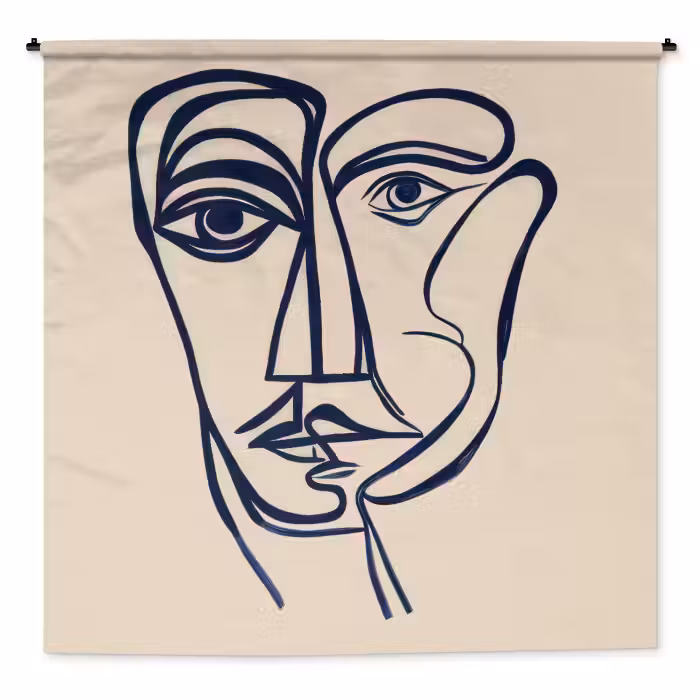 Wandkleed - Minimalistisch - Lijnillustratie - Beige - Donkerblauw