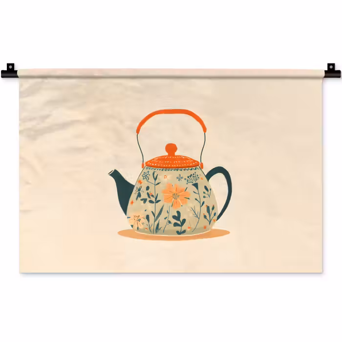Wandkleed - Oranje - Theepot - Bloemen - Bladeren