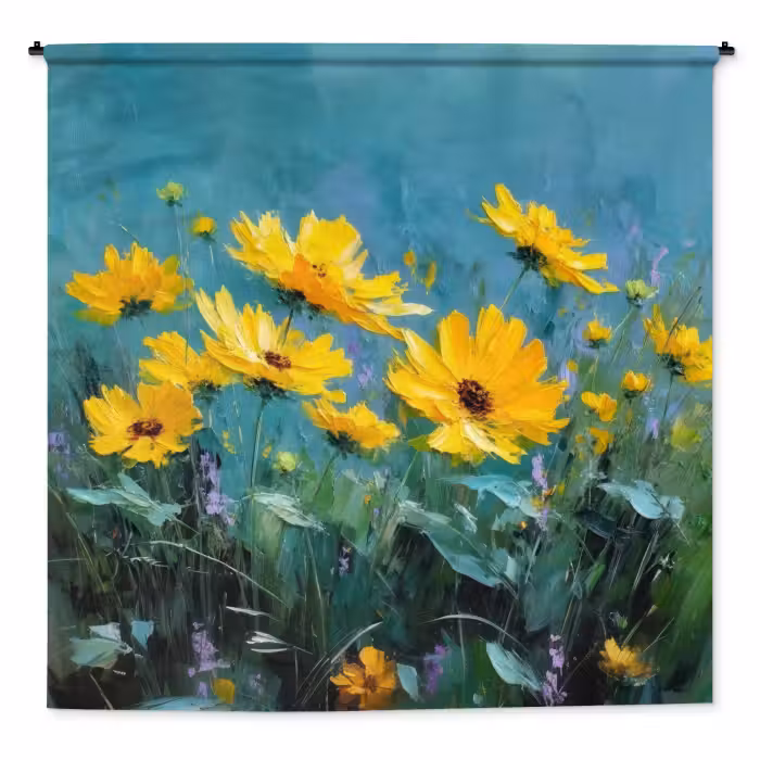 Wandkleed - Penseelstreken - Bloemen - Felgeel - Abstract