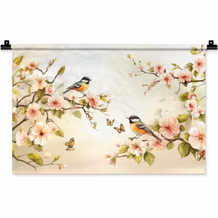 Wandkleed - Takken - Bloemen - Vogeltjes - Roze