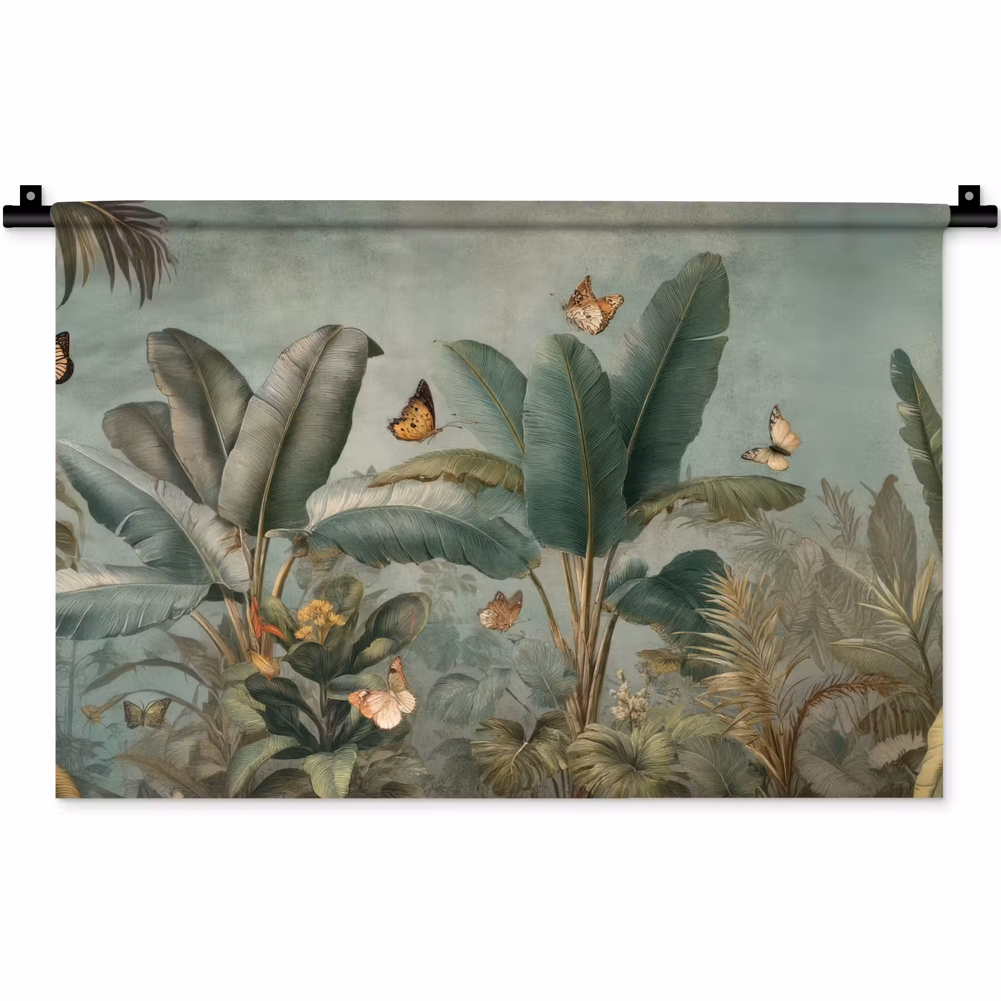 Wandkleed - Tropisch bladerdek - Vlinders - groen - Bruin