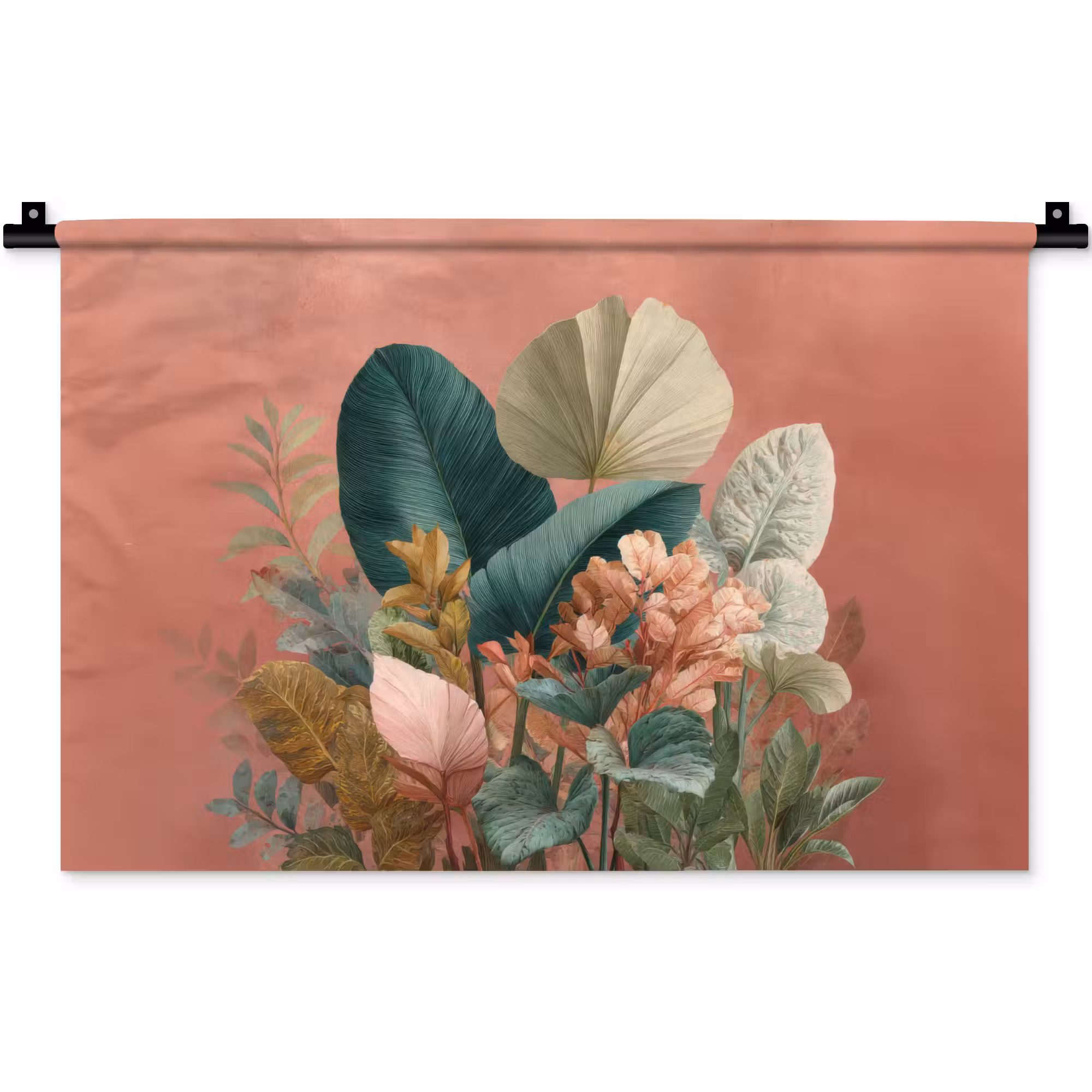Wandkleed - Tropische bladeren - Bloemen - Roze - groen