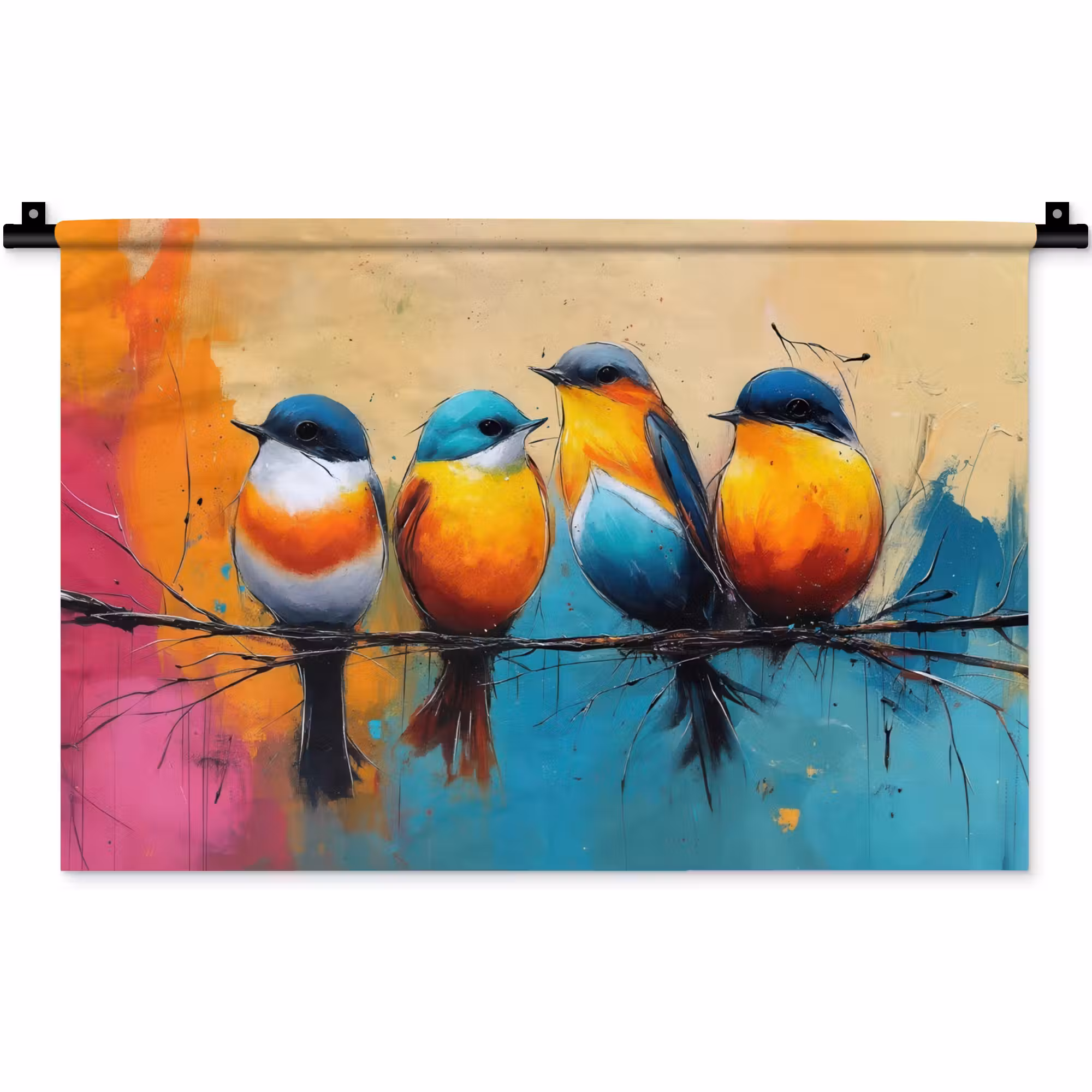 Wandkleed - Vogels - Kleurrijk - Tak - Abstract
