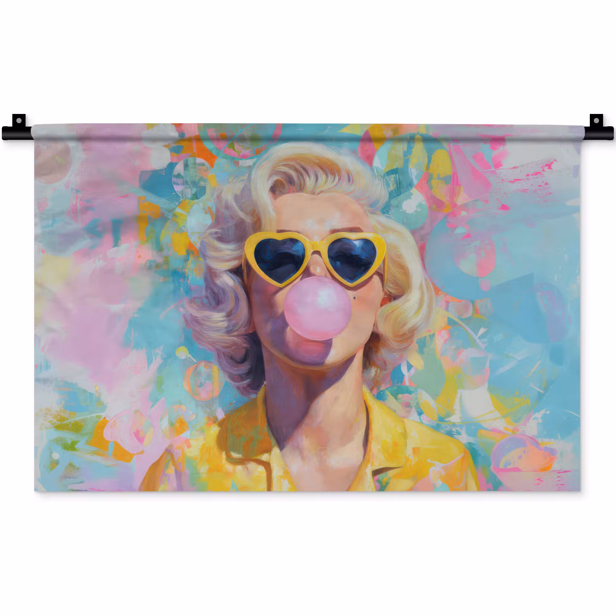 Wandkleed - Vrouw - Blond - Roze kauwgom - Kleurrijk - Pastel