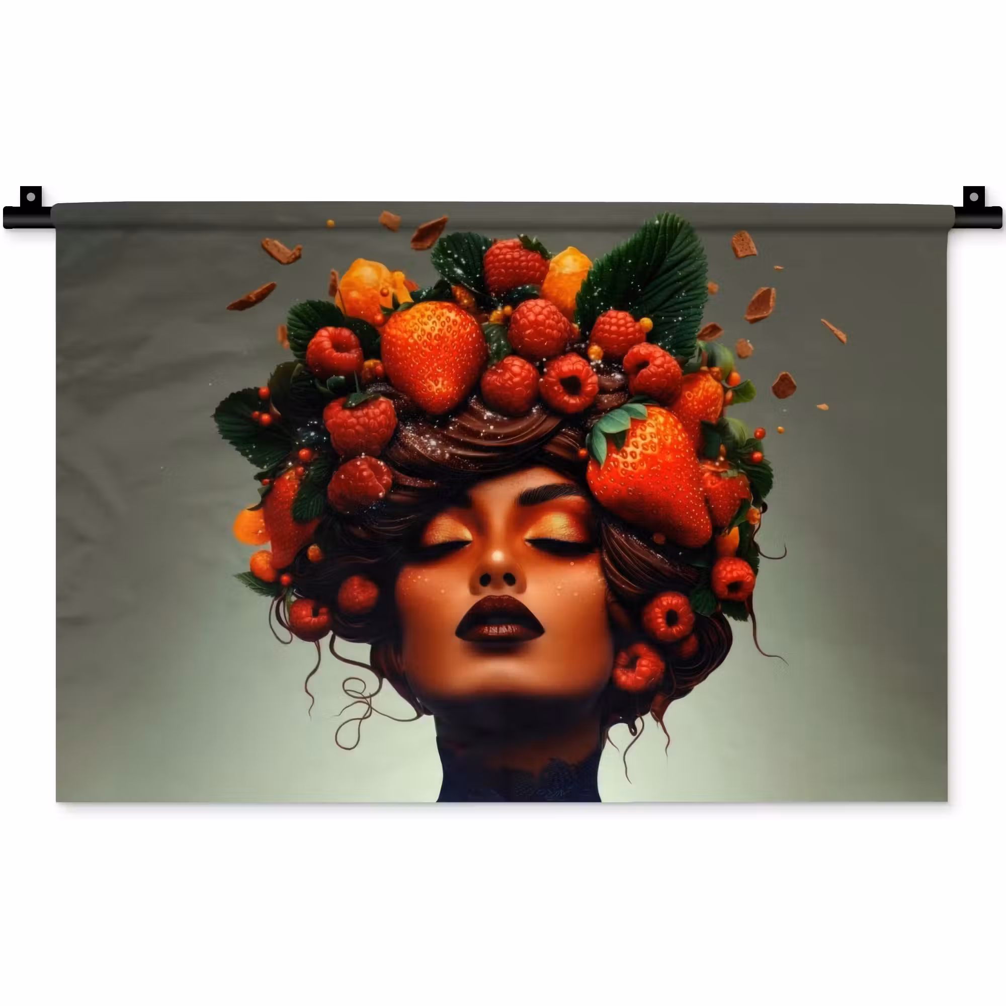 Wandkleed - Vrouw - Chocolade - Frambozen - Aardbeien - Koekjes