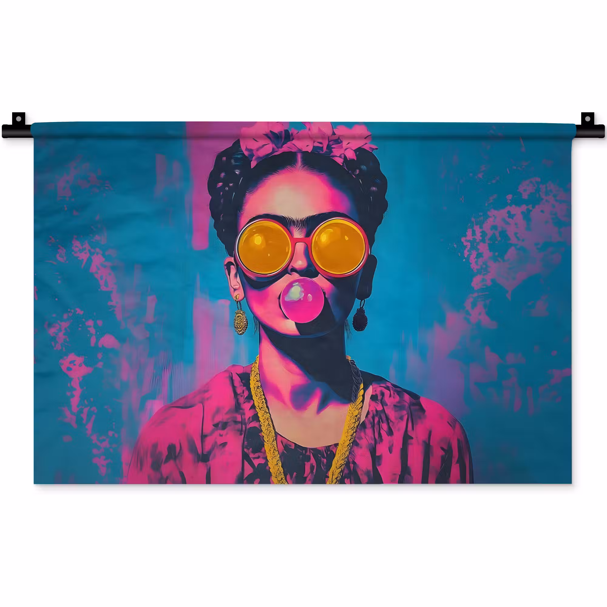 Wandkleed - Vrouw - Kauwgom - Zonnebril - Oranje