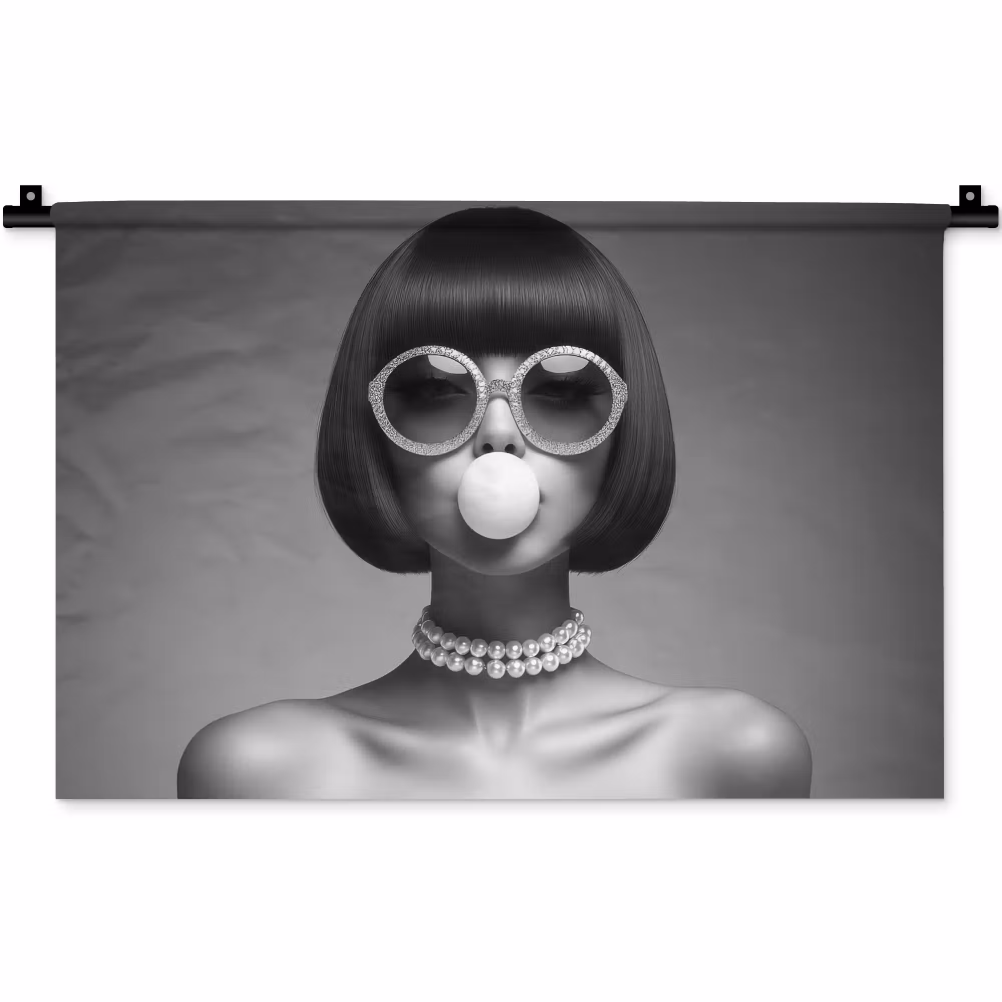 Wandkleed - Vrouw - Zwart Wit - Ketting - Zonnebril