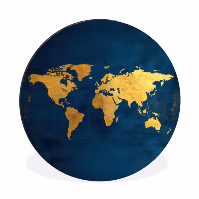 Wandcirkel aluminium - Wereldkaart Goud Donkerblauw