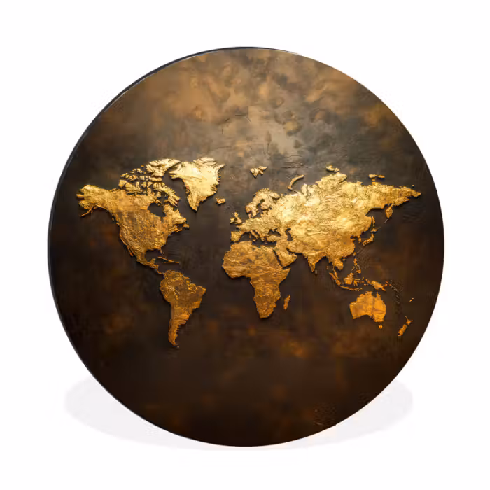 Wandcirkel aluminium - Wereldkaart Gouden Folie