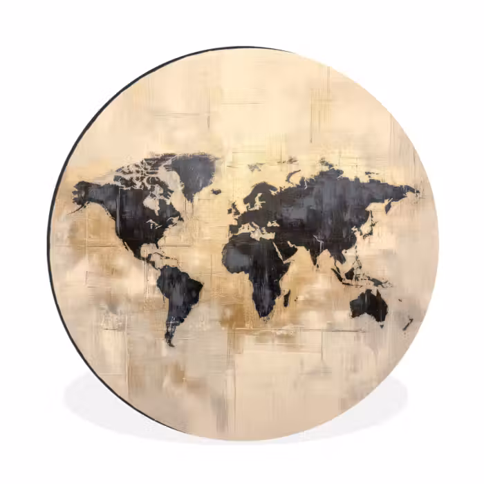 Wandcirkel aluminium - Abstracte Wereldkaart Zwart Beige