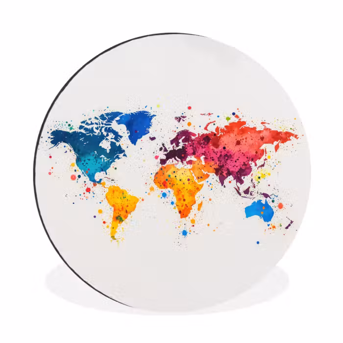 Wandcirkel aluminium - Wereldkaart Aquarel Verfspetters