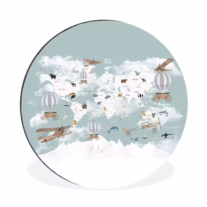 Wandcirkel aluminium - Wereldkaart Dieren Luchtballon Vliegtuig