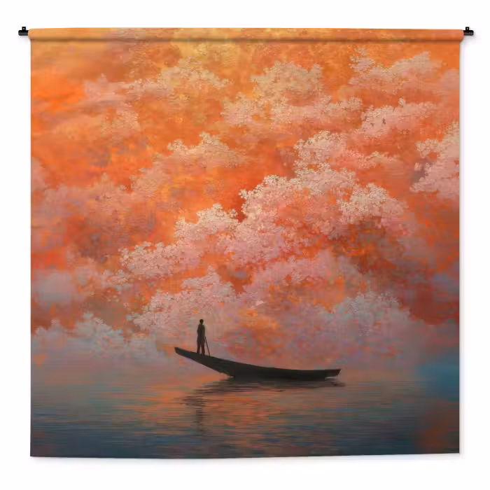 Wandkleed - Zee - Boot - Wolken - Oranje